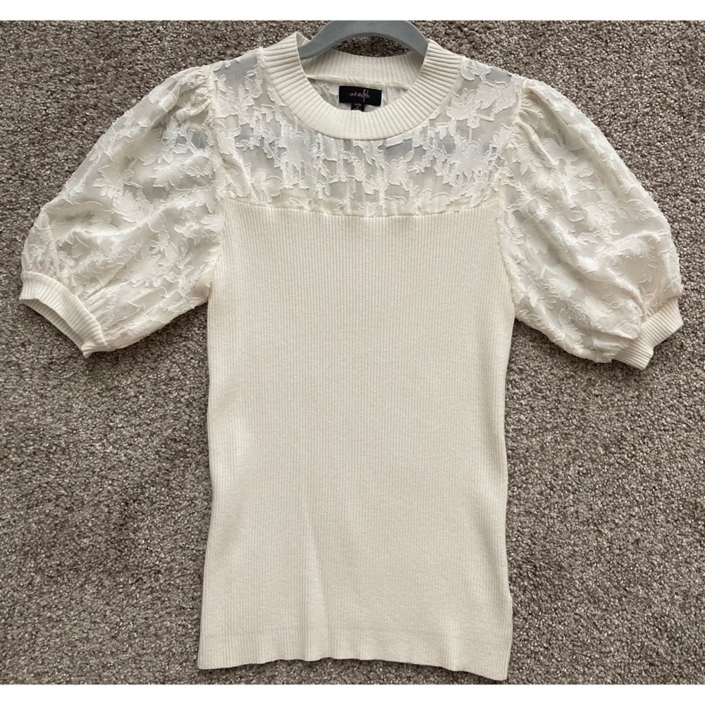 OftWelfth Off-White Ivory Knit Sheer Puff Sleeve Sweater Top, Size S
